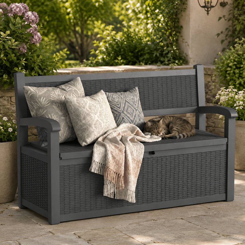 100 Gallon Lockable Resin Storage Bench Outdoor Deck Box Durable Patio Furniture Storage Organization, Black