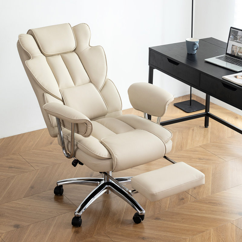 Fauteuil de bureau inclinable beige ergonomique avec repose-pieds, cuir pour grands et grands bureaux, roulettes pour repose-pieds d'une capacité de 500 lb