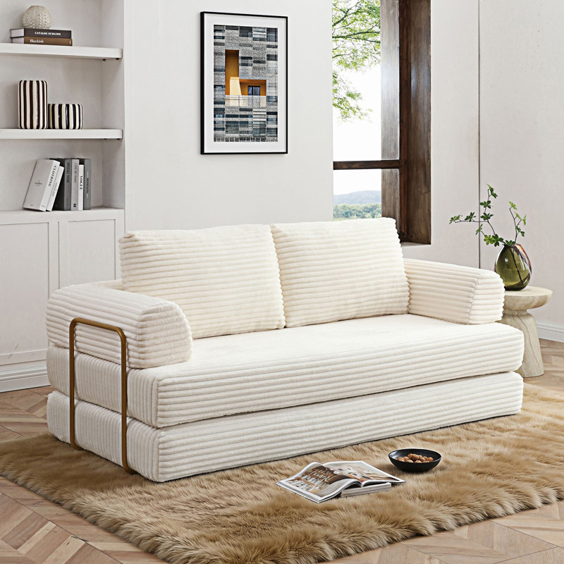Canapé-lit convertible, sofa de sol pliable avec coussins, Velours côtelé beige