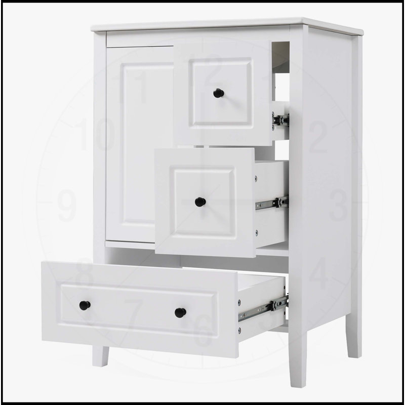 Meuble-lavabo 24 po avec lavabo, une armoire et trois tiroirs à fermeture en douceur, poignées en métal rétro, Blanc