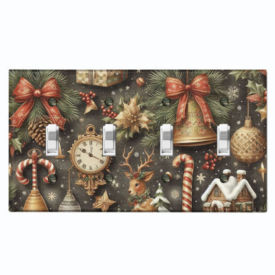 Christmas Tree Presents Black 4 - Gang Toggle Light Switch Standard Wall Plate