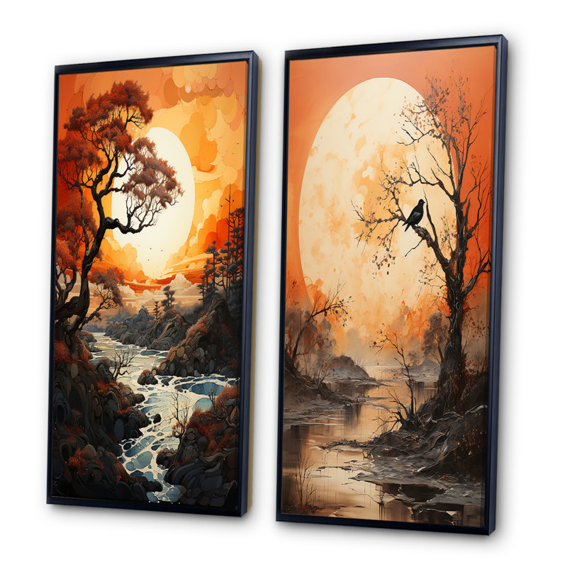 «Tree Orange Moon Silhouette», 2 pièces, Cadre noir, H 40 po x l 40 po