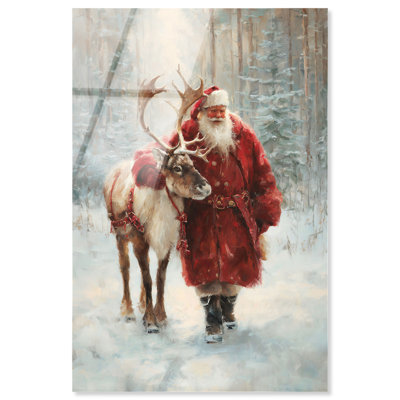 Père Noël et son renne, impression murale de Noël en acrylique par Art Remedy, prête à être accrochée, 36 x 54