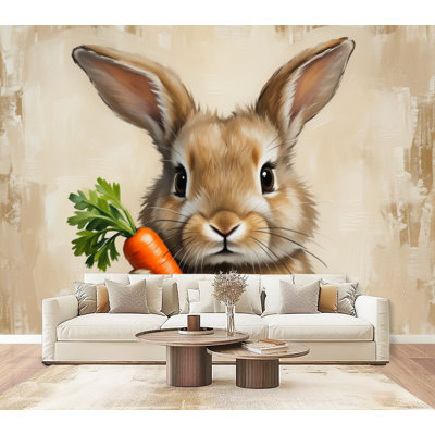 Peel and Stick Wallpaper Vintage Gold Framed Easter Bunny Cute Rabbit Carrot Retro Woodland Wall Murals 69"H x 96"W Removable PVC Wall Paper Self-Adhesive Wall Decor for Bedroom Living Room Home Office