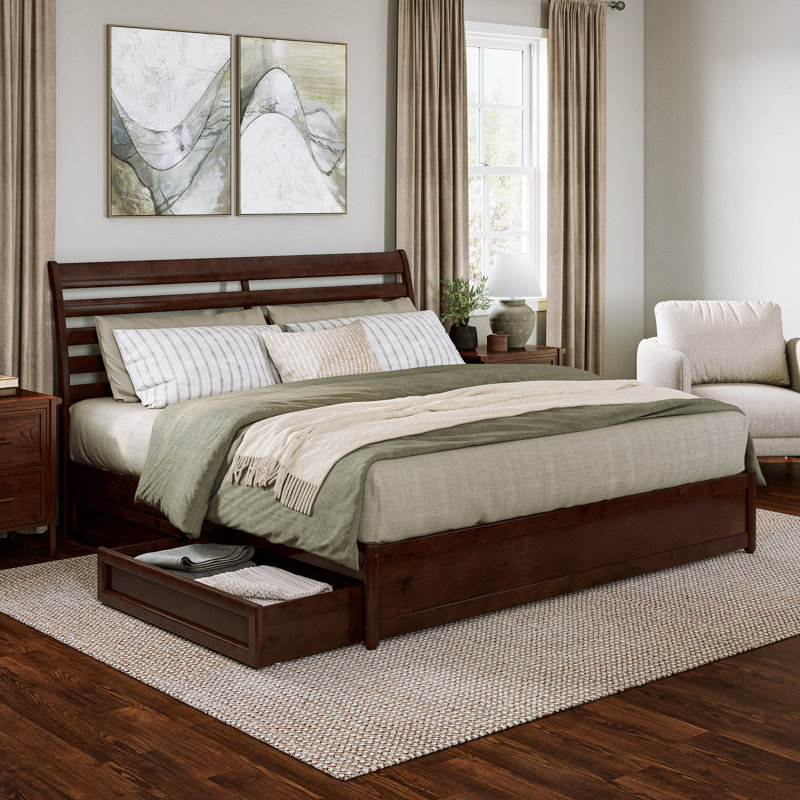 Lamareon Solid Wood Storage Platform Bed with Footboard & Under Bed Drawers, Walnut, King