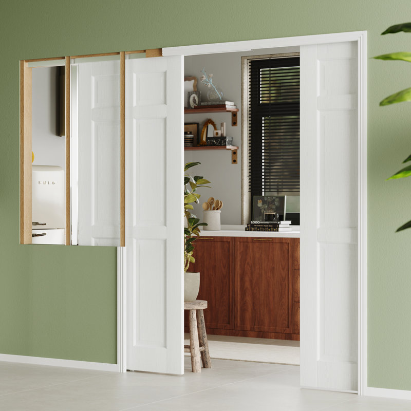 Porte coulissante à fermeture à glissière avec fermeture en douceur - 6 panneaux avec placage en bois Blanc creux et intérieur en panneau de fibres à densité moyenne et porte de garde-manger avec cadre de poche