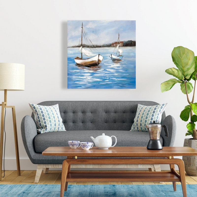 Toile côtière bleue - Deux bateaux sur l'eau | Décoration intérieure