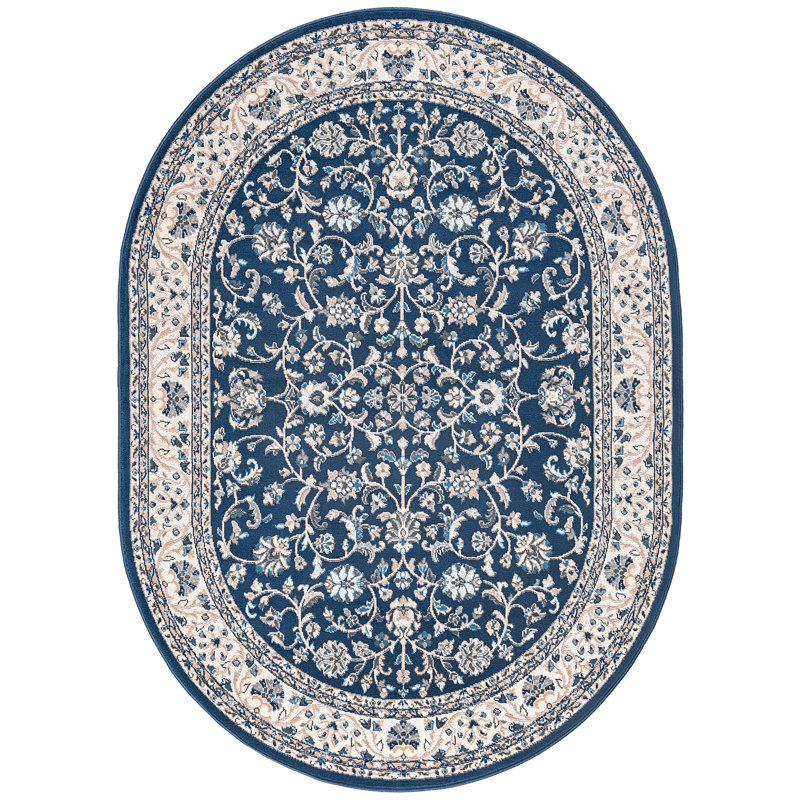 Tapis oriental bleu foncé / crème Anmie, Ovale 5 pi 3 po x 7 pi 3 po