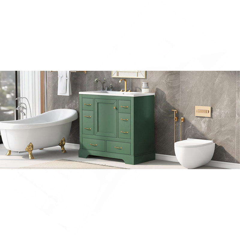 Meuble-lavabo 36 po avec évier, six tiroirs, séparateur de tiroir multifonctionnel, tablette réglable, vert