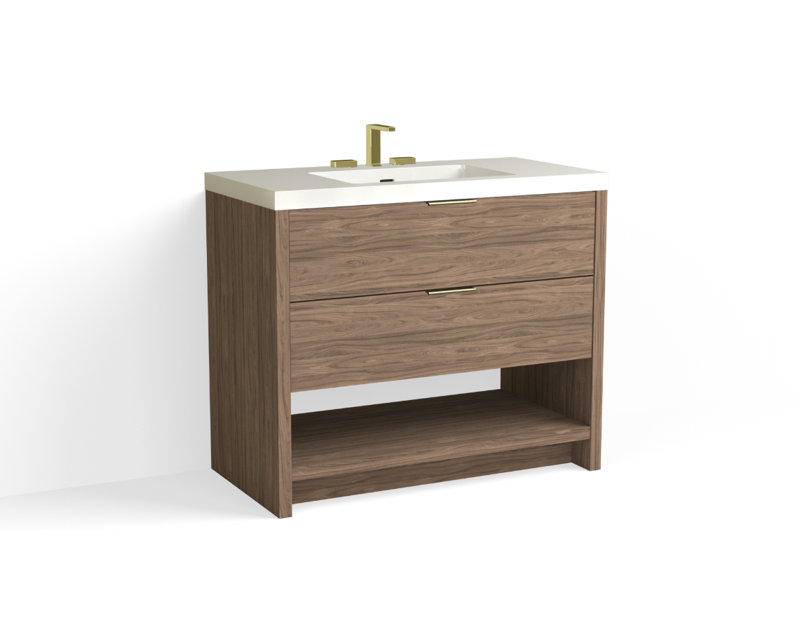 Vue 42" W Freestanding Single Bathroom Vanity, Satin Brass, White Nanomatte, Matte White/8" Widespread