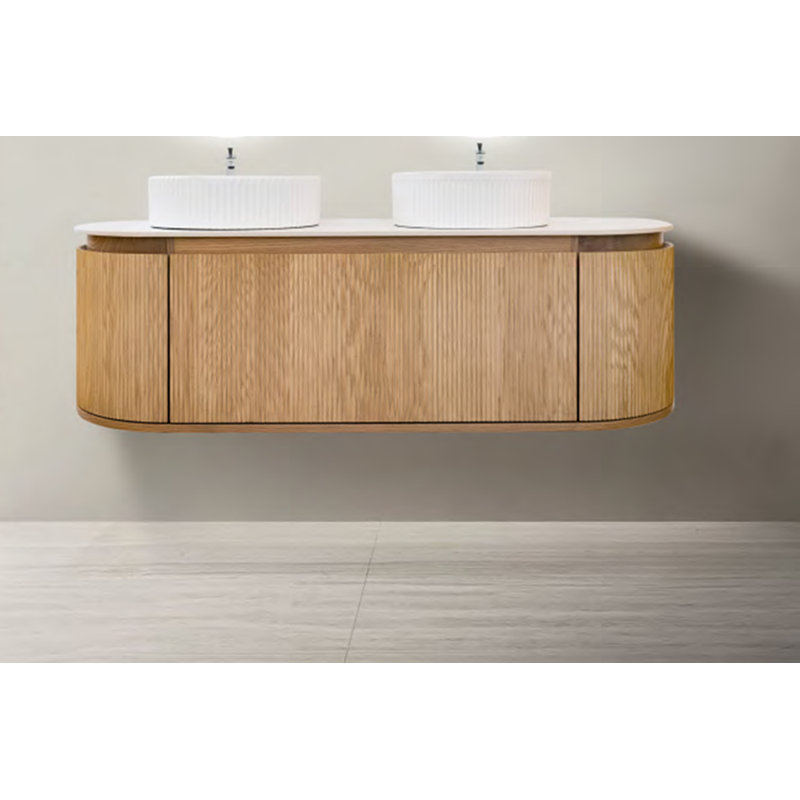 Meuble-lavabo double flottant en bois massif avec miroirs rétro-éclairés à DEL