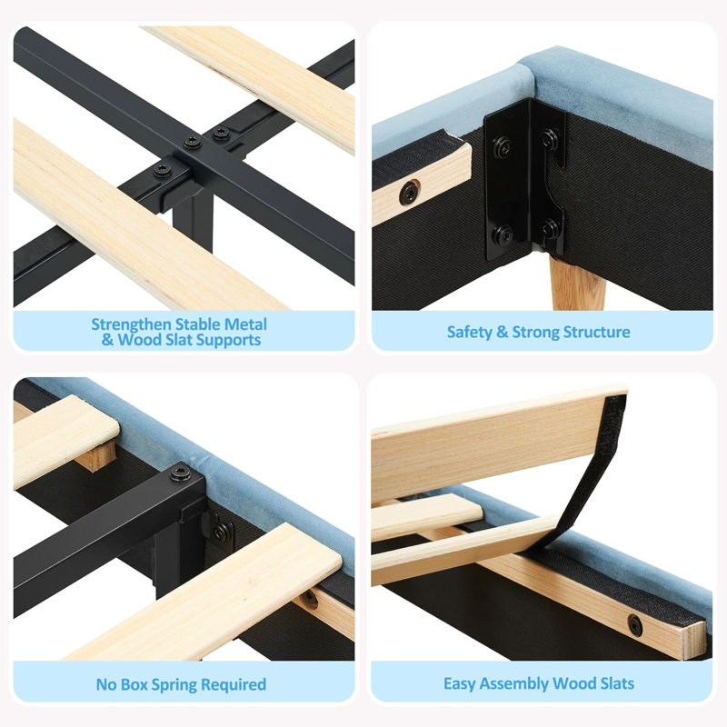 Upholstered Platform Bed With Large Storage Drawer And Bookcase Headboard, Twin, Blue