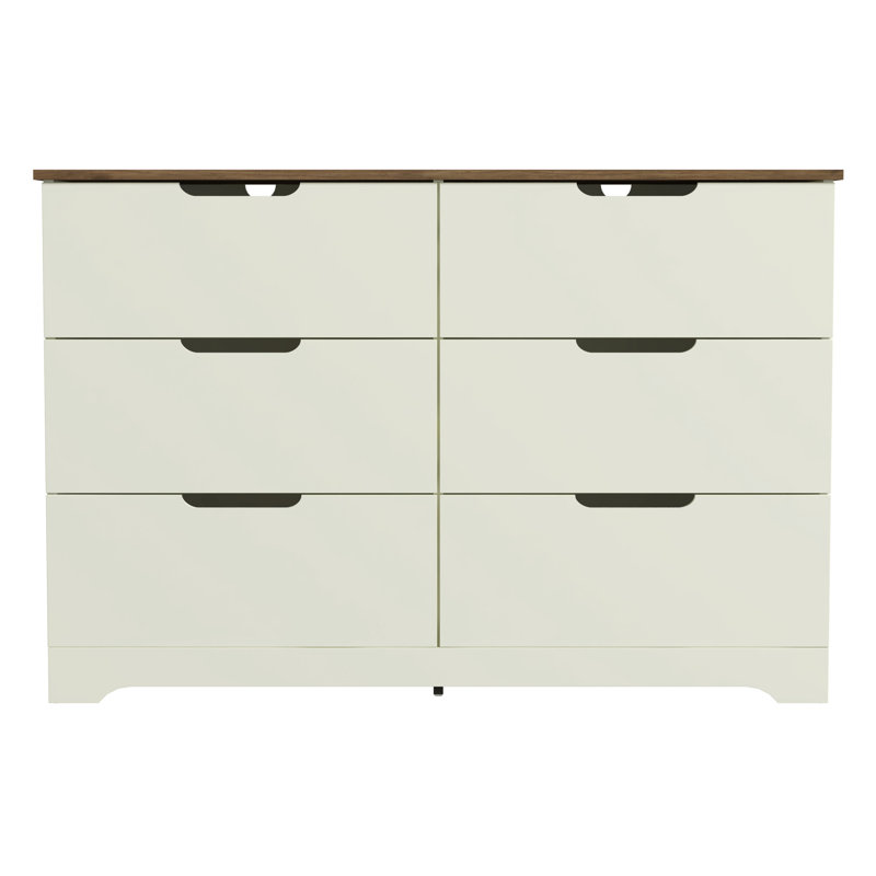Commode 6 tiroirs Aroob, Ivoire / chêne noueux