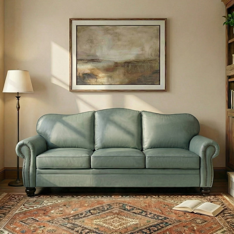 Eugene 81" Traditional Genuine Leather Sofa, Sage
