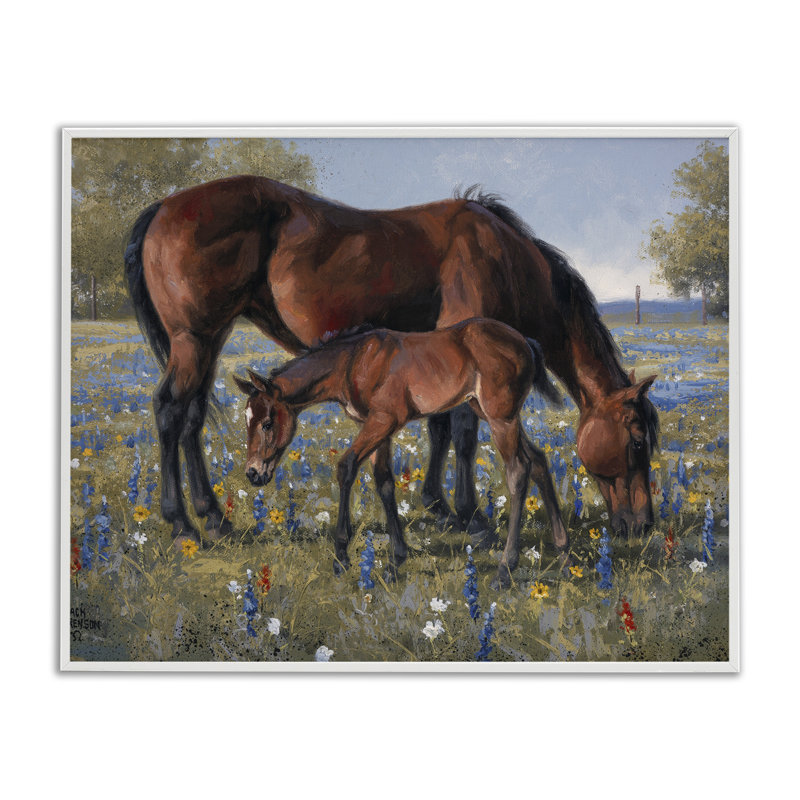 «Brown Horse & Foal», art numérique de Jack Sorenson, H 24 po x l 30 po, Estampe numérique encadrée blanc bord de mer