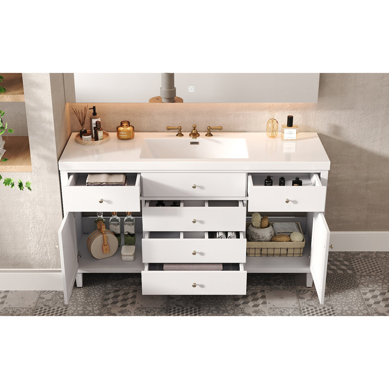Meuble-lavabo de 60 po avec lavabo SMC, grande armoire de rangement moderne avec tiroirs à fermeture en douceur et portes en rotin, poignées en métal argenté et 5 pieds en pin