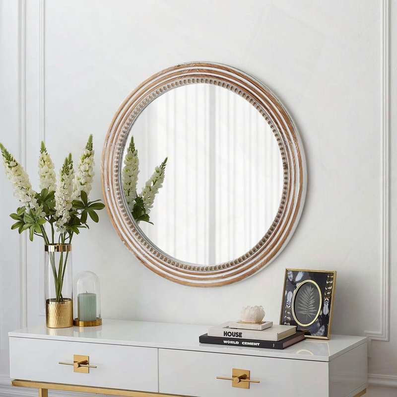 Miroir mural rond en bois perlé rustique