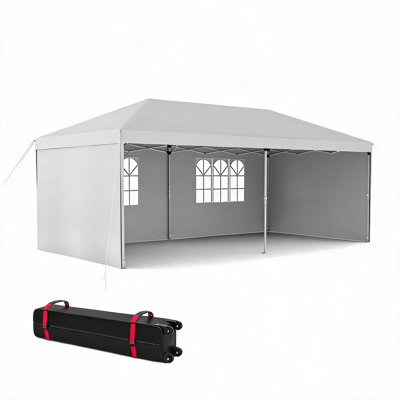 Pavillon de jardin instantané 10 x 20 pi avec glissières latérales et fenêtres d'églises en PE, tente Oxford imperméable et résistante aux UV avec sac de transport, piquets, cordes et sacs de sable pour les mariages et les fêtes