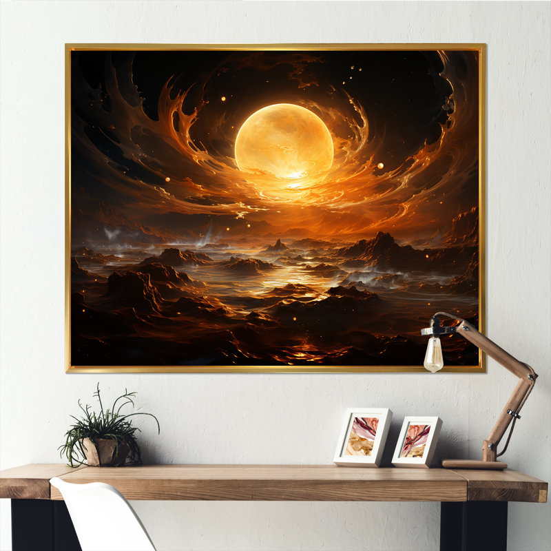 Verre de feu saturn planète II - art mural de la planète espace, Cadre flottant noir, H 24 po x l 32 po x P 1 po