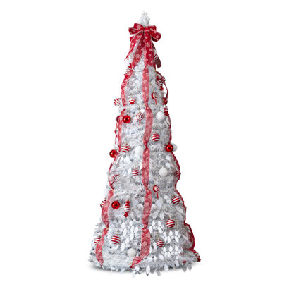 Arbre de Noël artificiel pré-éclairé 6 pi avec 100 lumières DEL blanc chaud, 8 modes d'éclairage, ornements rouges et blancs, arbre de Noël en PVC blanc pour décoration intérieure des Fêtes