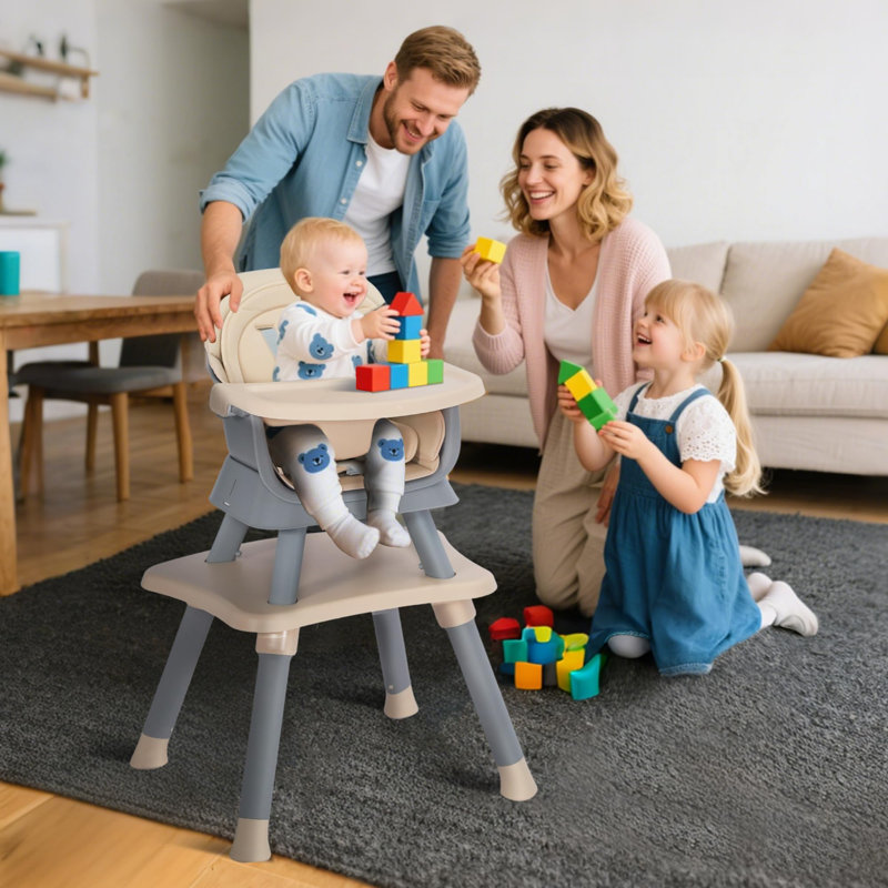 8 in 1 Baby High Chair, Coverts to Dining Booster Seat, Removable Tray & Double Seat Cover, Easy to Wipe, Gray, Beige