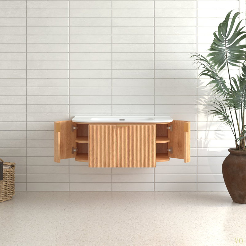 Meuble-lavabo de salle de bain mural 36 po à lattes flottantes courbées 36 po avec lavabo en céramique massif et 2 tiroirs latéraux sans robinet, pré-assemblé