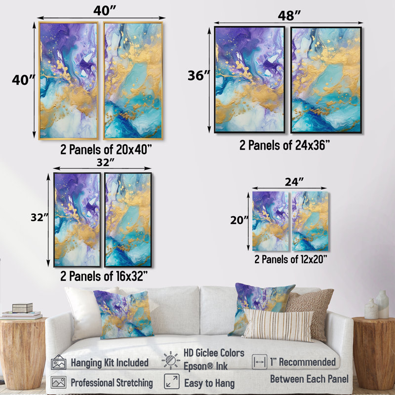 Turquoise et mauve liquide Art IV - art mural moderne turquoise 2 panneaux, H 20 po x l 24 po, Noir, noir, noir, noir