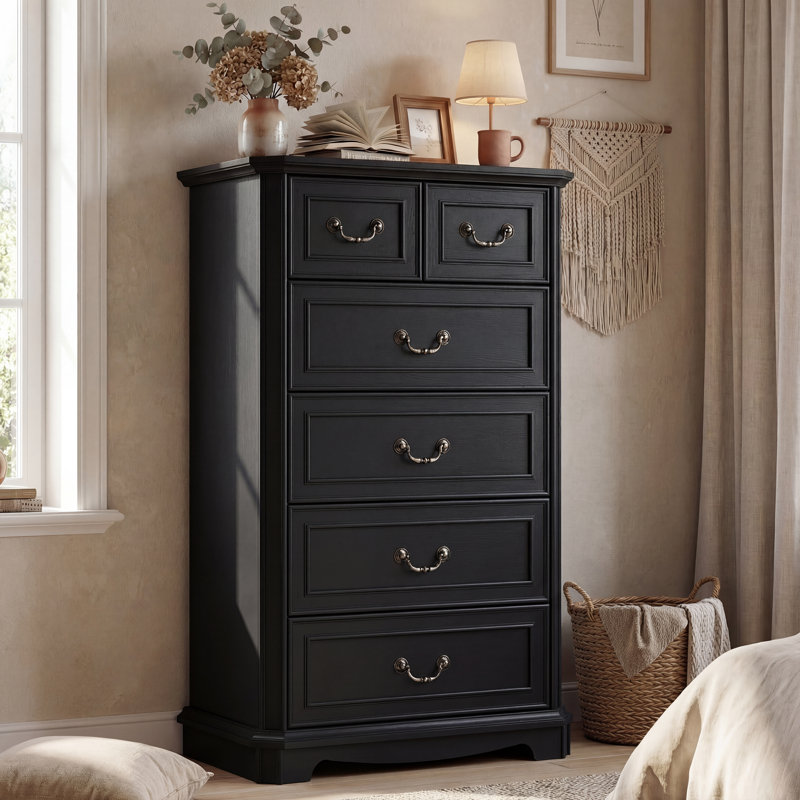 Vintage 6 Drawer Dresser,46'' Tall Wood Chest of Drawers for Bedroom with Metal Handle, Black