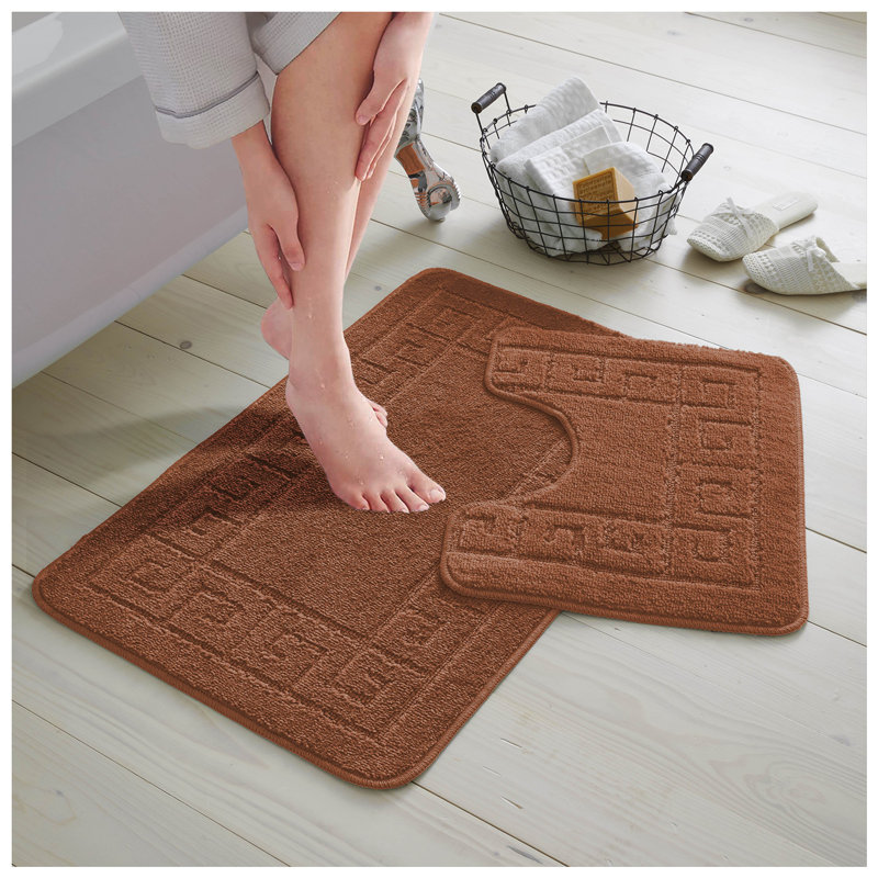2 Piece Bathroom Rug Set Greek Key Pattern Bath Mat & Pedestal Mat Non Slip Rubber Back Soft Absorbent Mats, Terracotta