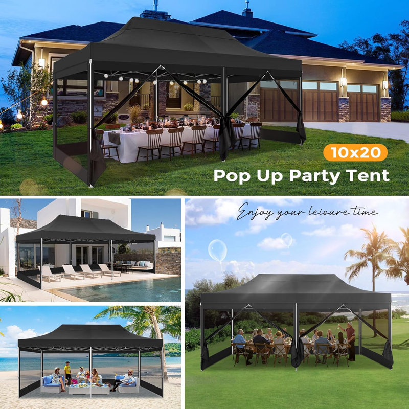 10x20 Heavy Duty Pop Up Canopy Tent with 6 Sidewalls, Commercial Gazebo Party Tent, Black