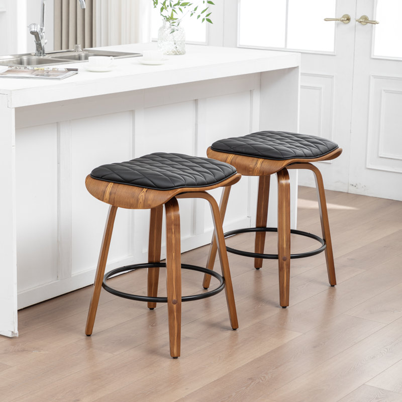 Federica Modern Upholstered Faux Leather 360° Swivel Stools with Curved Wood Legs, Black