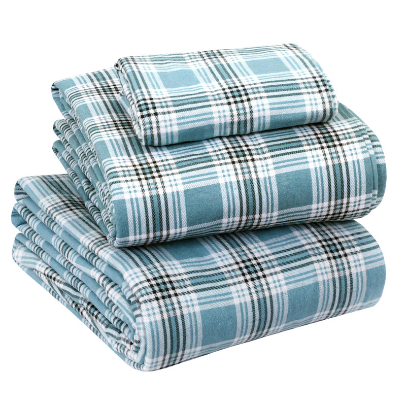 Twin XL Green Plaid Cotton Flannel Deep Pocket Sheet Set