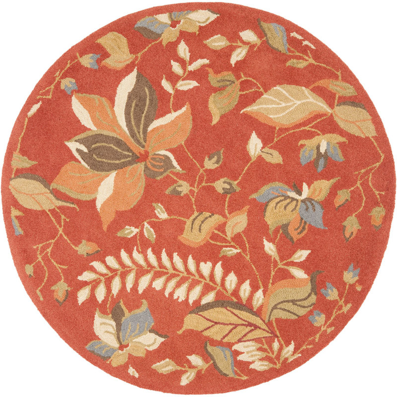 Tapis de couleur rouille en laine / coton / latex crocheté à la main à motif floral Emrick, Rond 6 pi