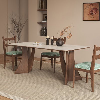 Beige-white+Brown Rectangular Sintered Stone+Solid + Manufactured Wood Dining Table