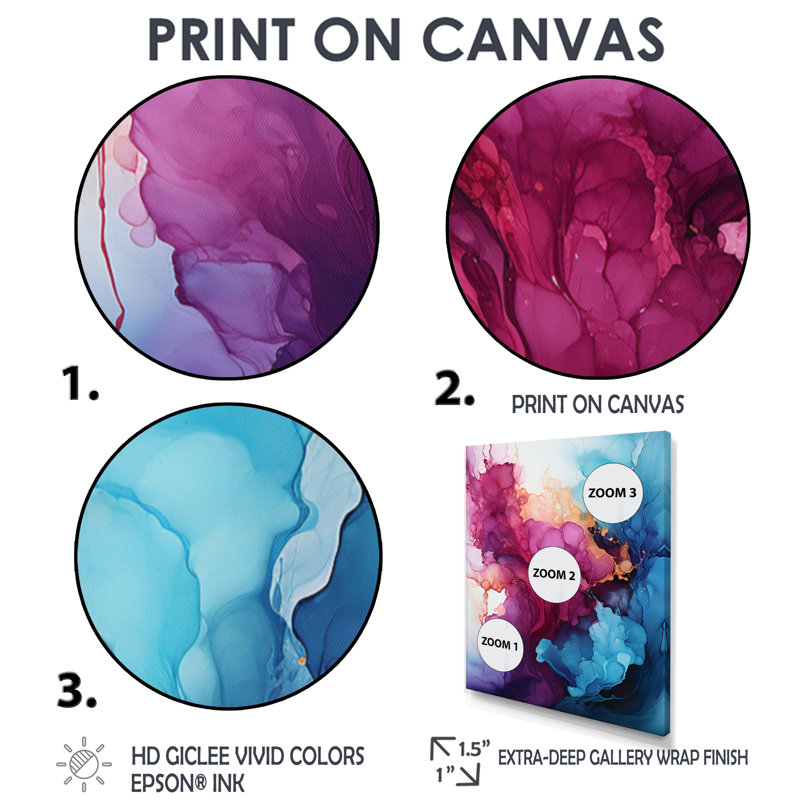 Art mural liquide, nuages, encre mauve, magenta et or, Toile avec cadre flottant noir, H 32 po x l 24 po x P 1 po
