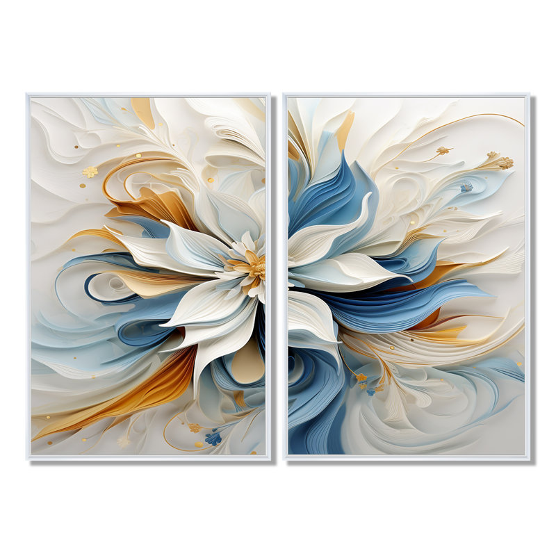 Abstrait fleur de magnolia blanc, bleu ambre - art mural bleu, 36" H x 48" W, Impression encadrée flottante, Brown