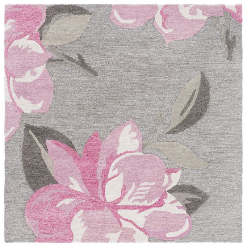 Tapis floral gris / rose en laine / coton touffeté à la main Jardin 403, Carré 6 pi