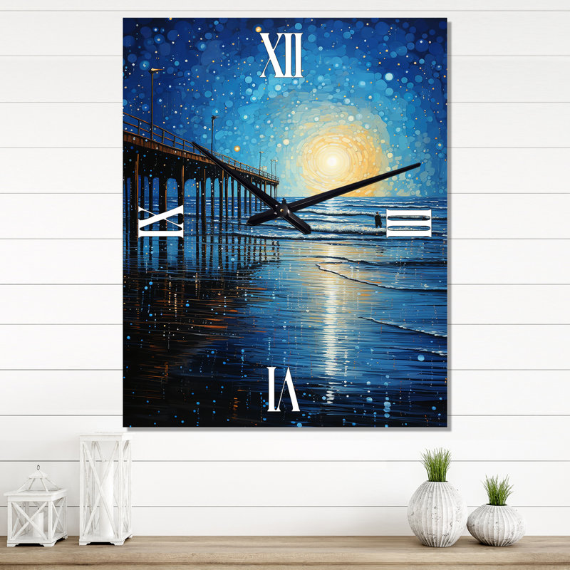 Beach Photo Pier Reflections IV - Nautical & Beach Very Large Wall Clocks, 28" H x 12" W x 1" D