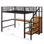 Lit mezzanine double en métal avec garde-corps pleine longueur, structure de lit mezzanine avec bureau, éclairage à DEL, escalier de rangement et petite armoire-1568458625