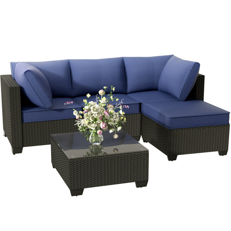 Ensemble de conversation modulaire en rotin 5 pièces avec coussins, Bleu, Noir