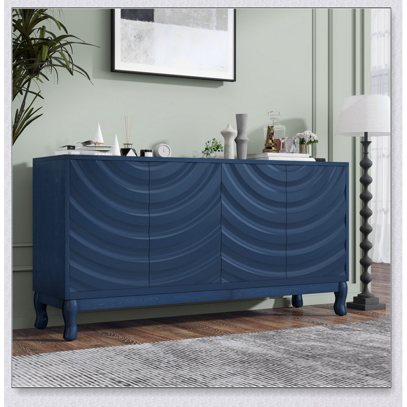 Élégant buffet doté de portes à motif ondulé sophistiquées avec un design à rainures arquées dans un agencement élégant à quatre portes, réglable, adapté pour le bureau, le vestibule et le salon