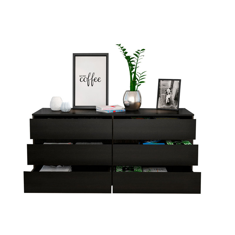 Commode double 6 tiroirs, plateau supérieur, noir