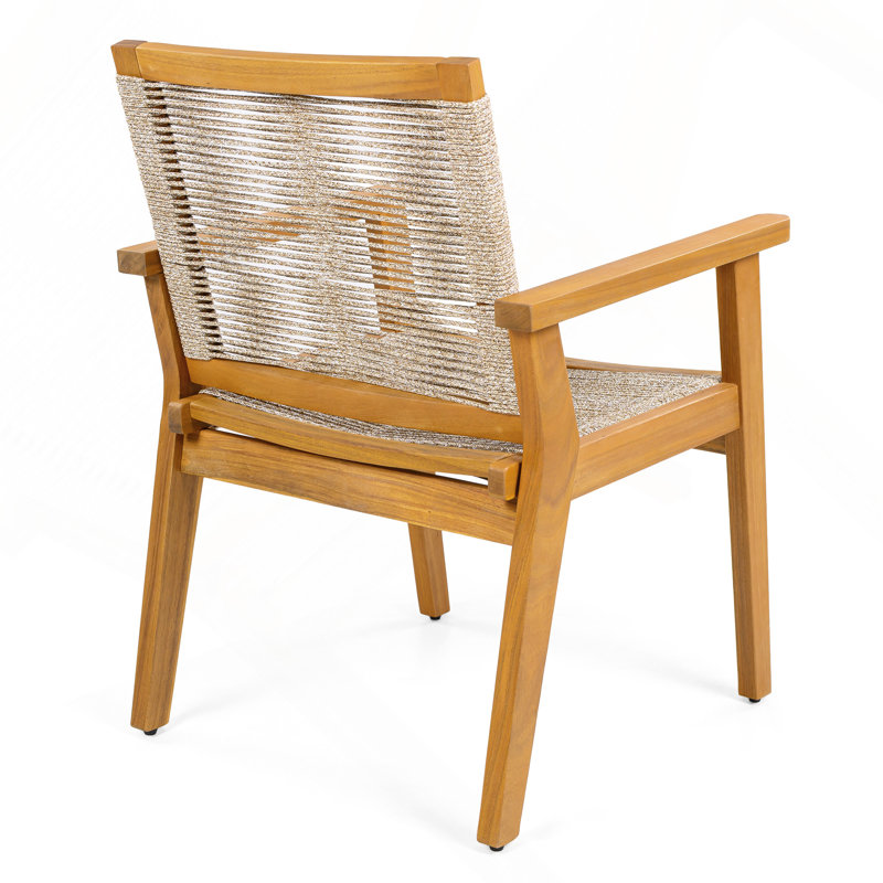 Ensemble de 2 chaises de salle à manger d'extérieur, structure en bois au fini teck et corde brune, style cour naturelle, capacité de 400 lb