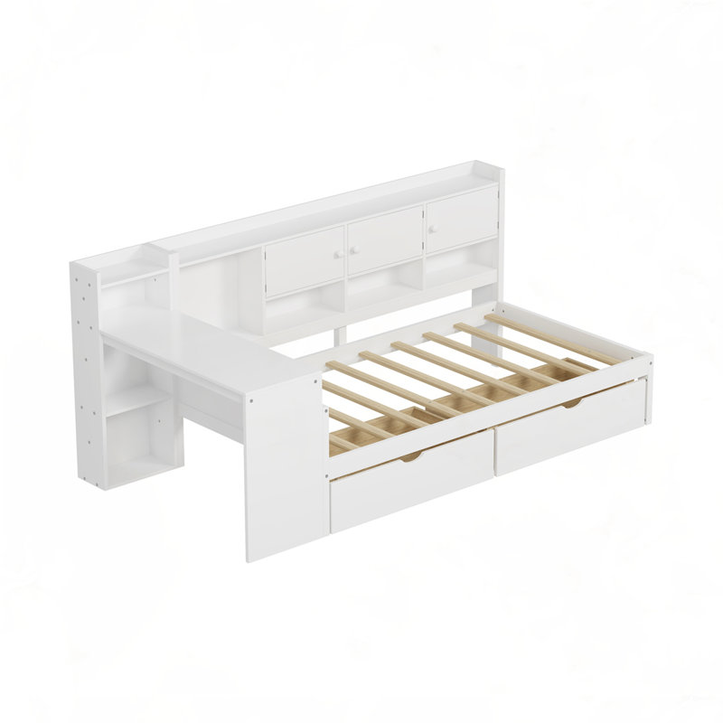 Multi-functional Bed with Study Desk and Built-in Bookshelf, Twin, White