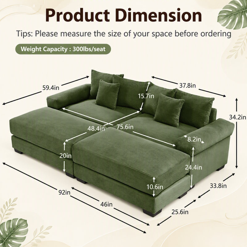 Canapé modulaire surdimensionné 82,6 po Cloud, Green Corduroy
