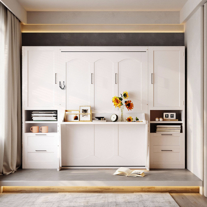 Lit escamotable double avec placard et tiroirs, Blanc