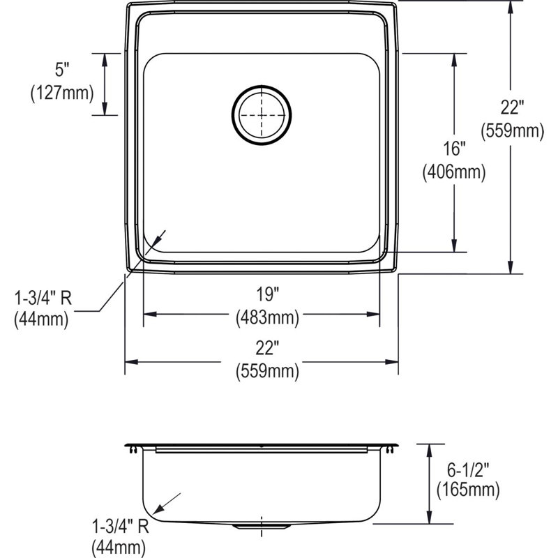 Évier de cuisine à montage sur plan L 22 po x l 22 po Lustertone, 5 trous, 6,38 po