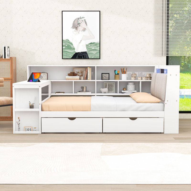 Lit de jour multifonctionnel avec bureau intégré, lumière RVB, tête de lit tapissier et tiroirs de rangement, Lit double