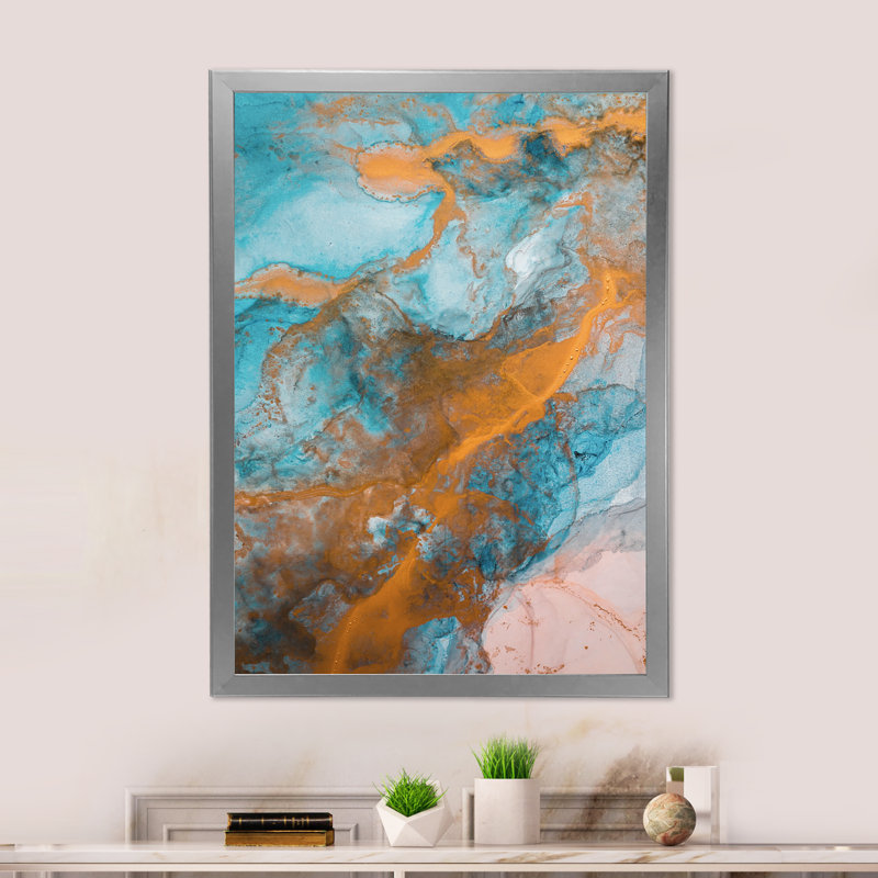 Turquoise luxueux et écoulement de marbre doré - peinture, H 12 po x l 8 po, Cadre photo argenté