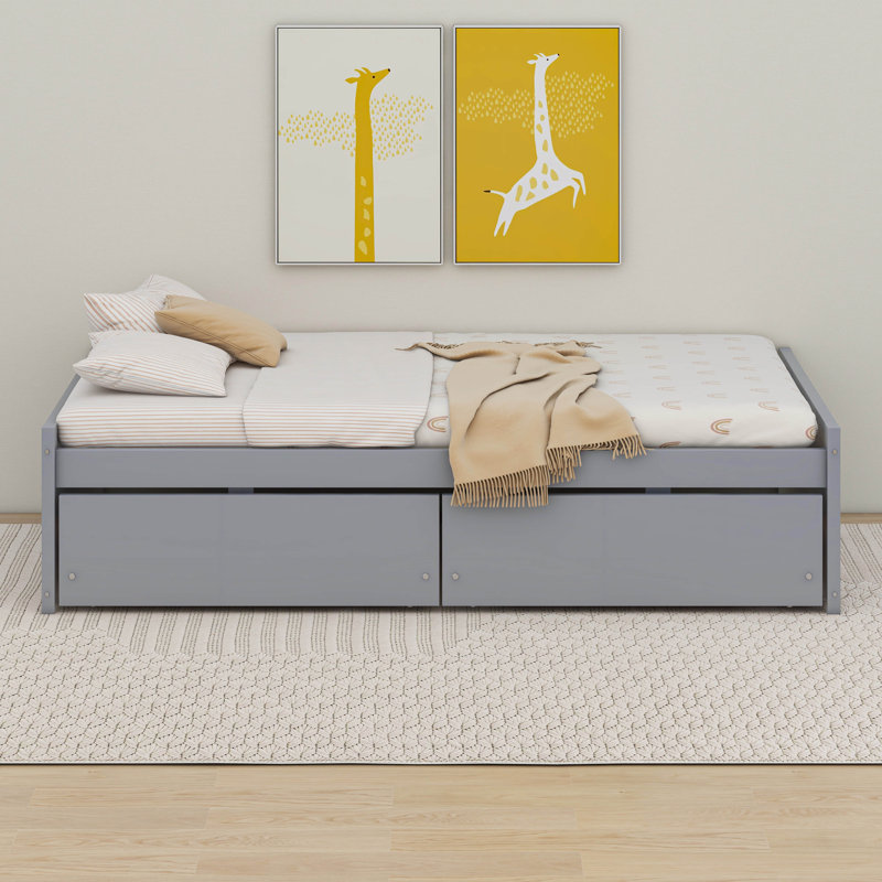 Lit simple avec 2 tiroirs, lit en bois d'hévéa massif, gris